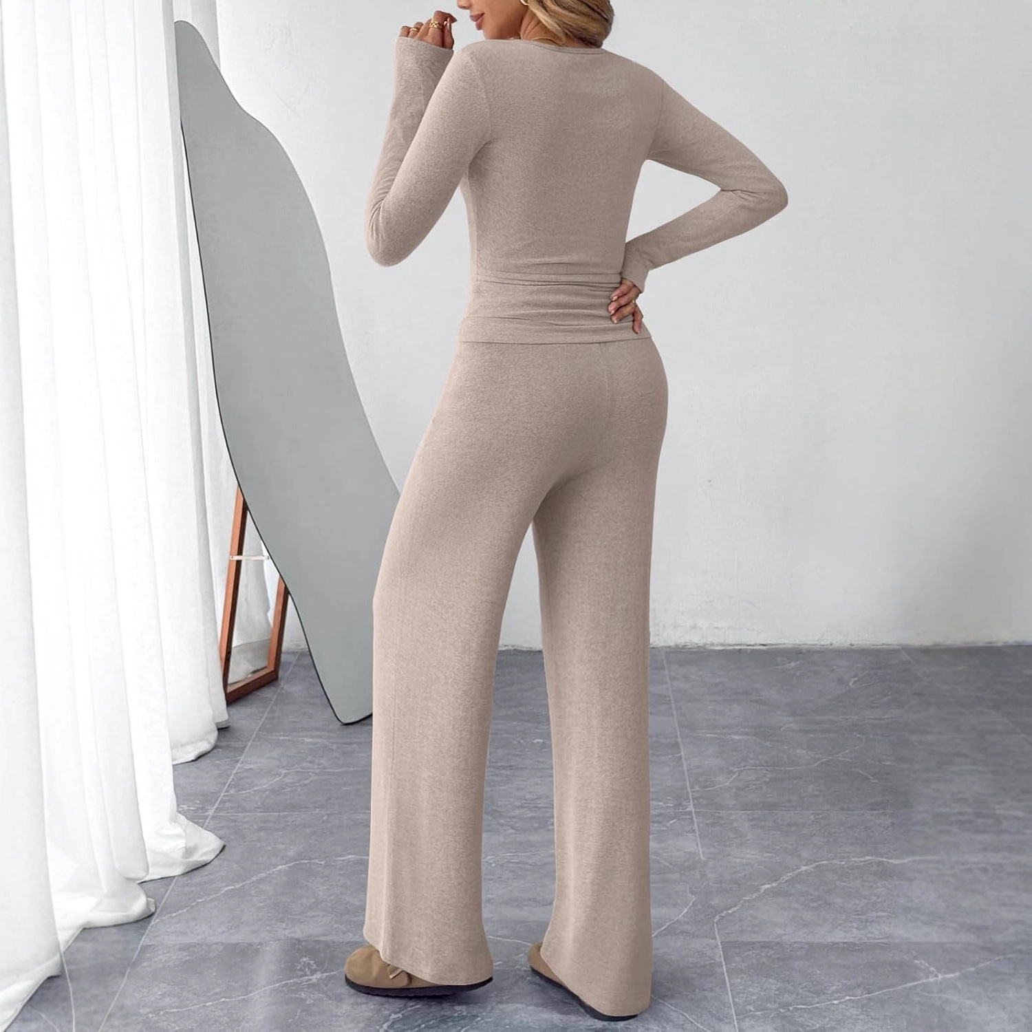 2025欧美跨境秋冬2件套配套休闲套装秋季时尚服装亨利领毛衣