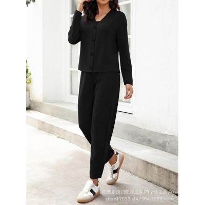 25新款外贸Amazon女式两件套休闲装秋冬季旅行纽扣长袖开衫 桶裤套图3