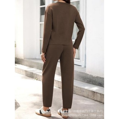 25新款外贸Amazon女式两件套休闲装秋冬季旅行纽扣长袖开衫 桶裤套图4