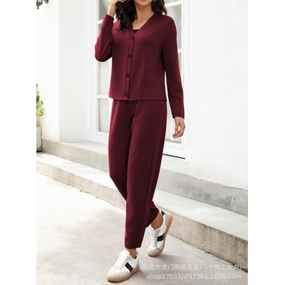 25新款外贸Amazon女式两件套休闲装秋冬季旅行纽扣长袖开衫 桶裤套图2