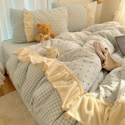 奶呼呼波点拼接花边牛奶绒保暖四件套少女心双面绒被套法兰床单笠 1套