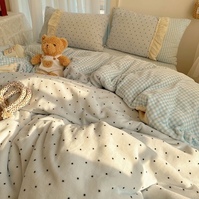 奶呼呼波点拼接花边牛奶绒保暖四件套少女心双面绒被套法兰床单笠 1套图2