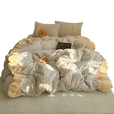 奶呼呼波点拼接花边牛奶绒保暖四件套少女心双面绒被套法兰床单笠 1套图5