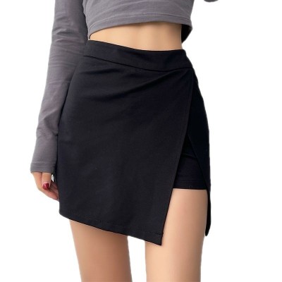大码女装胖mm高腰短款纯色侧开叉防走光短裙半身裙不规则a字裙裤 2件图5