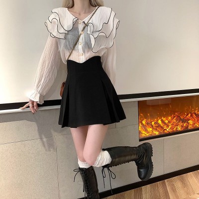 大码女装黑色鱼骨高腰半身裙设计感小众A字短裙遮跨小个子百褶裙 2件图3