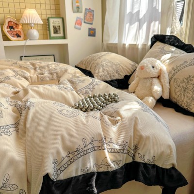 2025新款轻法式赫本风灯芯绒牛奶绒四件套立体韩版花边复古牛奶绒 1套图3