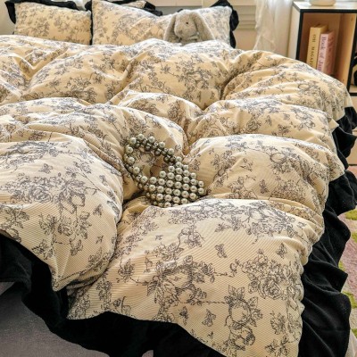 2025新款轻法式赫本风灯芯绒牛奶绒四件套立体韩版花边复古牛奶绒 1套