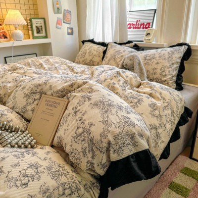 2025新款轻法式赫本风灯芯绒牛奶绒四件套立体韩版花边复古牛奶绒 1套图2