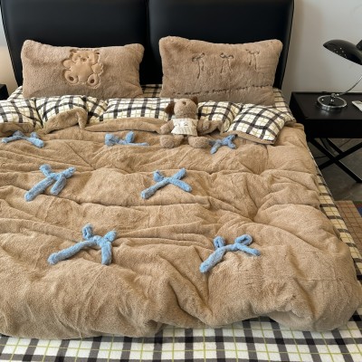 冬季小清新柔软兔兔绒立体蝴蝶结蓝色四件套爆款牛奶绒床单被保暖 1套图4