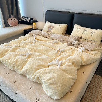 冬季小清新柔软兔兔绒立体蝴蝶结蓝色四件套爆款牛奶绒床单被保暖 1套