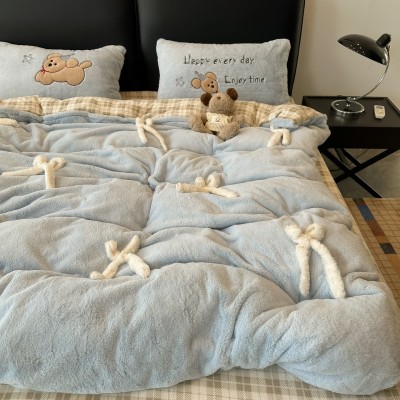 冬季小清新柔软兔兔绒立体蝴蝶结蓝色四件套爆款牛奶绒床单被保暖 1套图5
