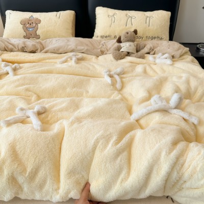 冬季小清新柔软兔兔绒立体蝴蝶结蓝色四件套爆款牛奶绒床单被保暖 1套图2
