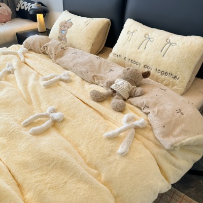 冬季小清新柔软兔兔绒立体蝴蝶结蓝色四件套爆款牛奶绒床单被保暖 1套图3