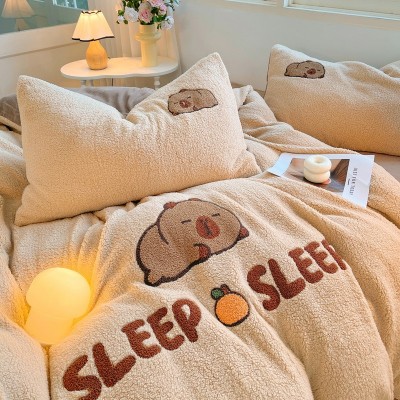 2025秋冬新款羊羔绒牛奶绒卡皮巴拉毛巾绣四件套加厚保暖床上用品 1套图3