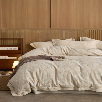 简约素色棉麻色织大提花四件套20%亚麻80%棉亲肤跨境床上用品批发 1套