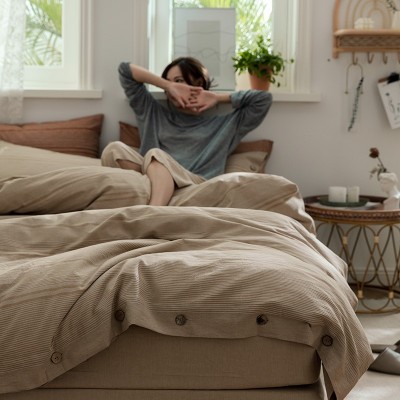 日式简约全棉四件套纽扣款纯色水洗棉提花100棉1.2m床笠裸睡被套a 1套图5