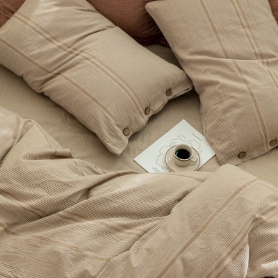 日式简约全棉四件套纽扣款纯色水洗棉提花100棉1.2m床笠裸睡被套a 1套图2