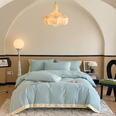 高端刺绣纯棉四件套 简约轻奢素色全棉床单被套床笠100棉床上用品 1套