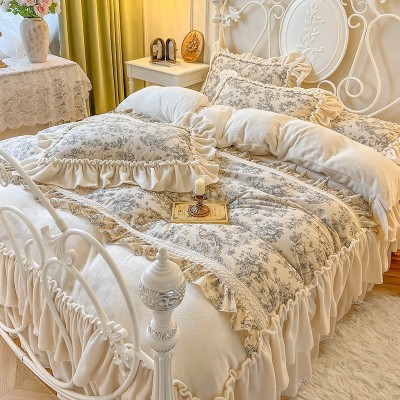 法式田园花卉牛奶绒床上四件套公主风褶皱花边珊瑚绒被套仙女床裙 1套图3