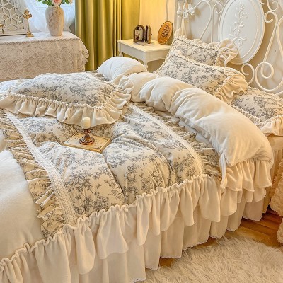 法式田园花卉牛奶绒床上四件套公主风褶皱花边珊瑚绒被套仙女床裙 1套