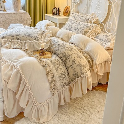 法式田园花卉牛奶绒床上四件套公主风褶皱花边珊瑚绒被套仙女床裙 1套图2