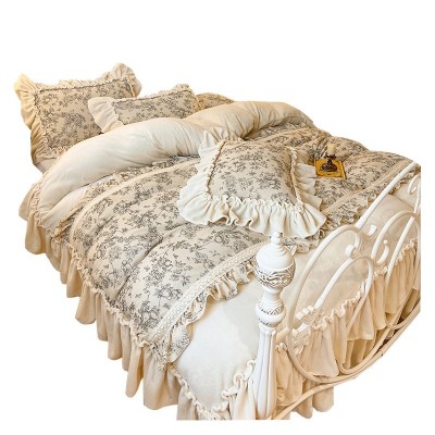 法式田园花卉牛奶绒床上四件套公主风褶皱花边珊瑚绒被套仙女床裙 1套图4