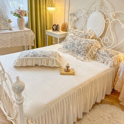 法式田园花卉牛奶绒床上四件套公主风褶皱花边珊瑚绒被套仙女床裙 1套图5