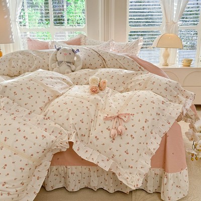 浪漫花边款公主风织带纯棉四件套法式全棉少女床上用品荷叶边被套 1套图3