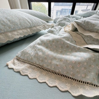A类全棉双层纱布四件套法式蕾丝边碎花纯棉花边被套床单宿舍床品4 1套图3