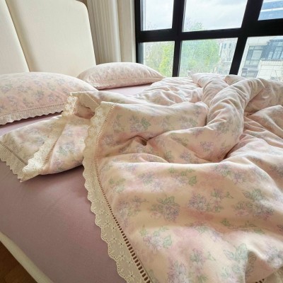 A类全棉双层纱布四件套法式蕾丝边碎花纯棉花边被套床单宿舍床品4 1套图4
