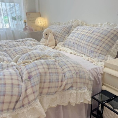 韩系少女风牛奶绒花边款四件套秋冬加厚床裙款三件套床上用品加绒 1套图3