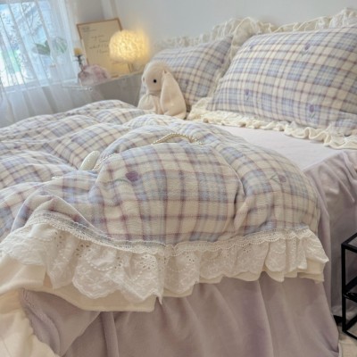 韩系少女风牛奶绒花边款四件套秋冬加厚床裙款三件套床上用品加绒 1套图4
