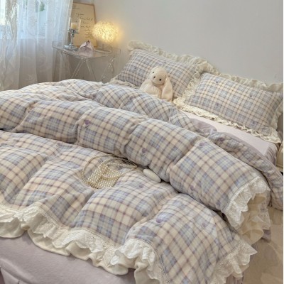 韩系少女风牛奶绒花边款四件套秋冬加厚床裙款三件套床上用品加绒 1套