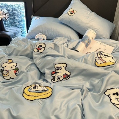 S被套床单超柔卡通水洗小狗冰丝四件套刺绣儿童宿舍床上三件套可 1件图3