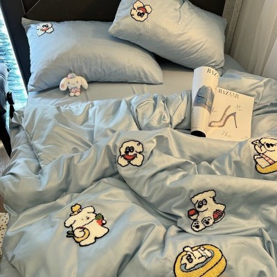 S被套床单超柔卡通水洗小狗冰丝四件套刺绣儿童宿舍床上三件套可 1件图4
