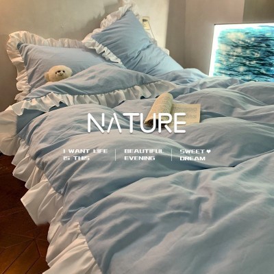 S纯色被套蓝色床单三件套花边ins柔软水洗棉四件套荷叶床品公主风 1件图2