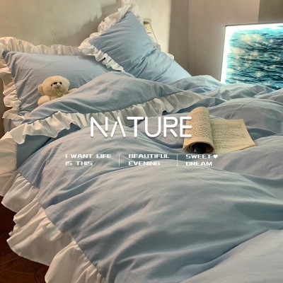 S纯色被套蓝色床单三件套花边ins柔软水洗棉四件套荷叶床品公主风 1件图3