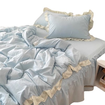 S纯色被套蓝色床单三件套花边ins柔软水洗棉四件套荷叶床品公主风 1件图5