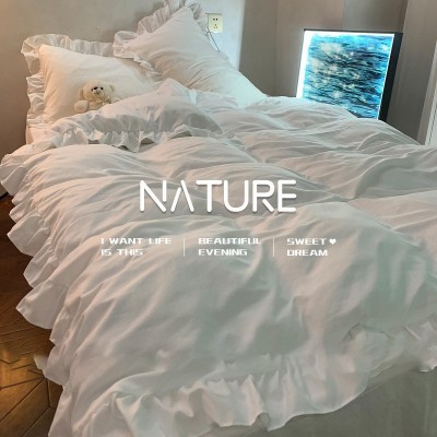 S纯色被套蓝色床单三件套花边ins柔软水洗棉四件套荷叶床品公主风 1件图4