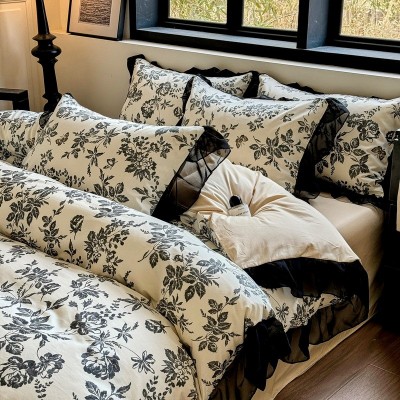 新款全棉赫本风四件套高级感花边床单被套纯棉三件套床笠款床品 1套图3