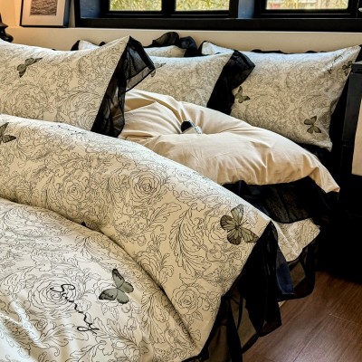 新款全棉赫本风四件套高级感花边床单被套纯棉三件套床笠款床品 1套图2