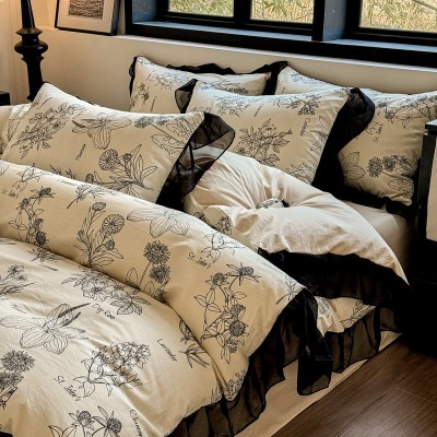 新款全棉赫本风四件套高级感花边床单被套纯棉三件套床笠款床品 1套图4