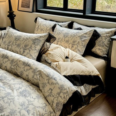 新款全棉赫本风四件套高级感花边床单被套纯棉三件套床笠款床品 1套