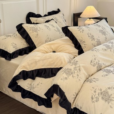 法式赫本风牛奶绒四件套冬季床上珊瑚绒床单被套三件套床笠款 1套图4