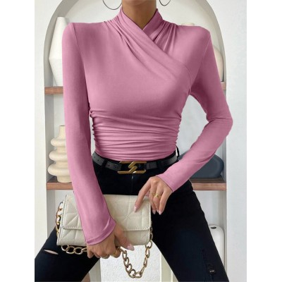欧美跨境套头秋冬新款设计感交领长袖修身百搭纯色抽褶T恤图3