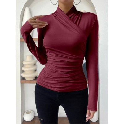 欧美跨境套头秋冬新款设计感交领长袖修身百搭纯色抽褶T恤图4