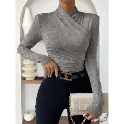 欧美跨境套头秋冬新款设计感交领长袖修身百搭纯色抽褶T恤图5