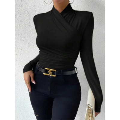 欧美跨境套头秋冬新款设计感交领长袖修身百搭纯色抽褶T恤图2