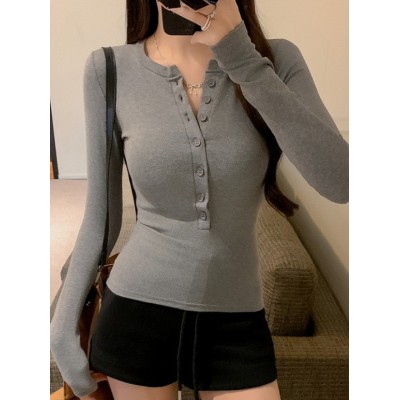 ins性感纯欲纽扣哺乳长袖T恤女秋装V领修身产后喂奶打底上衣女T潮图4