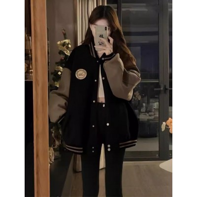 跨境慵懒风棒球服外套女秋冬加绒加厚复古宽松休闲开衫卫衣ins潮
